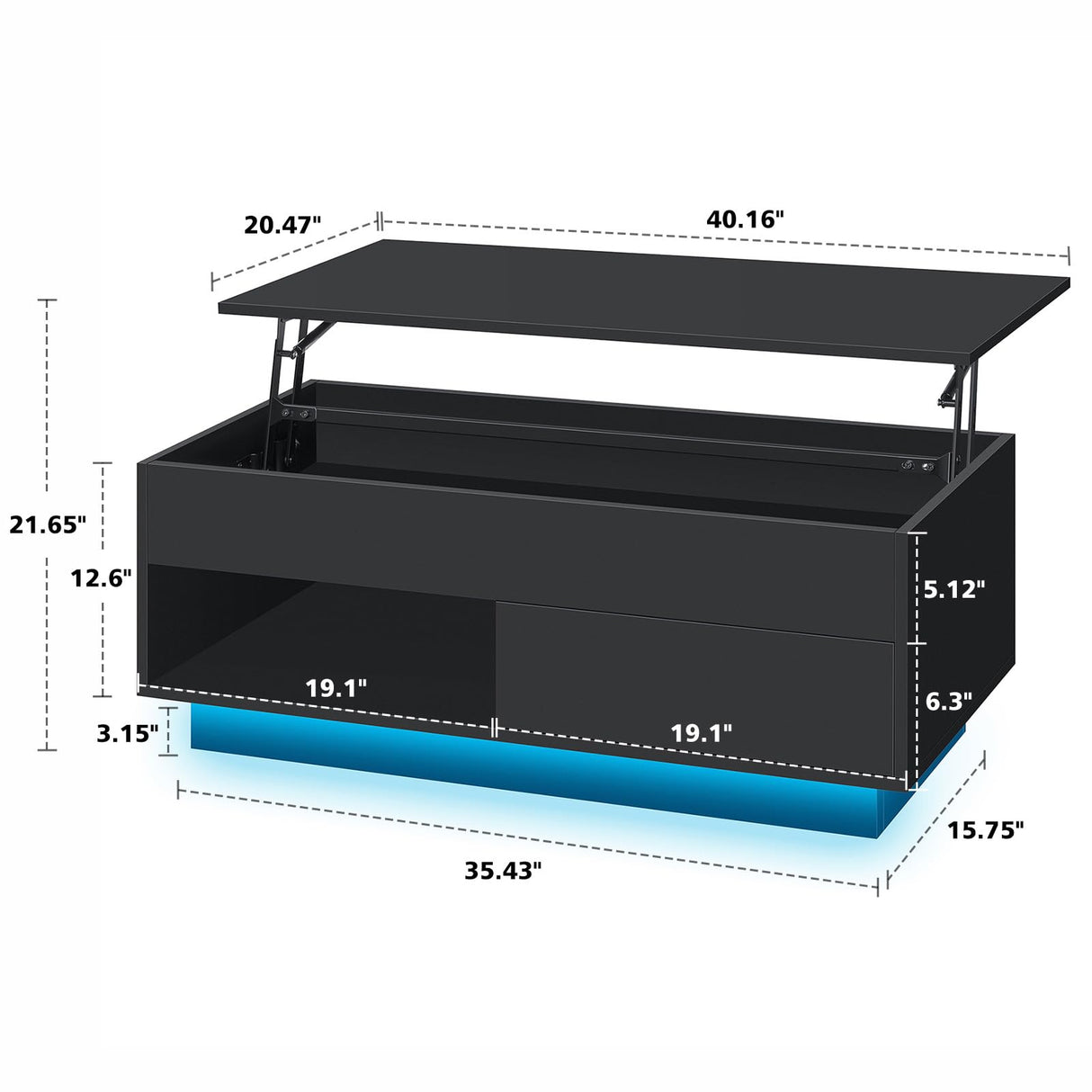 LED Coffee Table for Living Room Morden Coffee Tables with Lift Top High Gloss 4 Tiers WhiteTea Table with Storage Center Tables Sofa Hidden Compartment & 1 Open Shelve & 1 Drawer HOMMPA