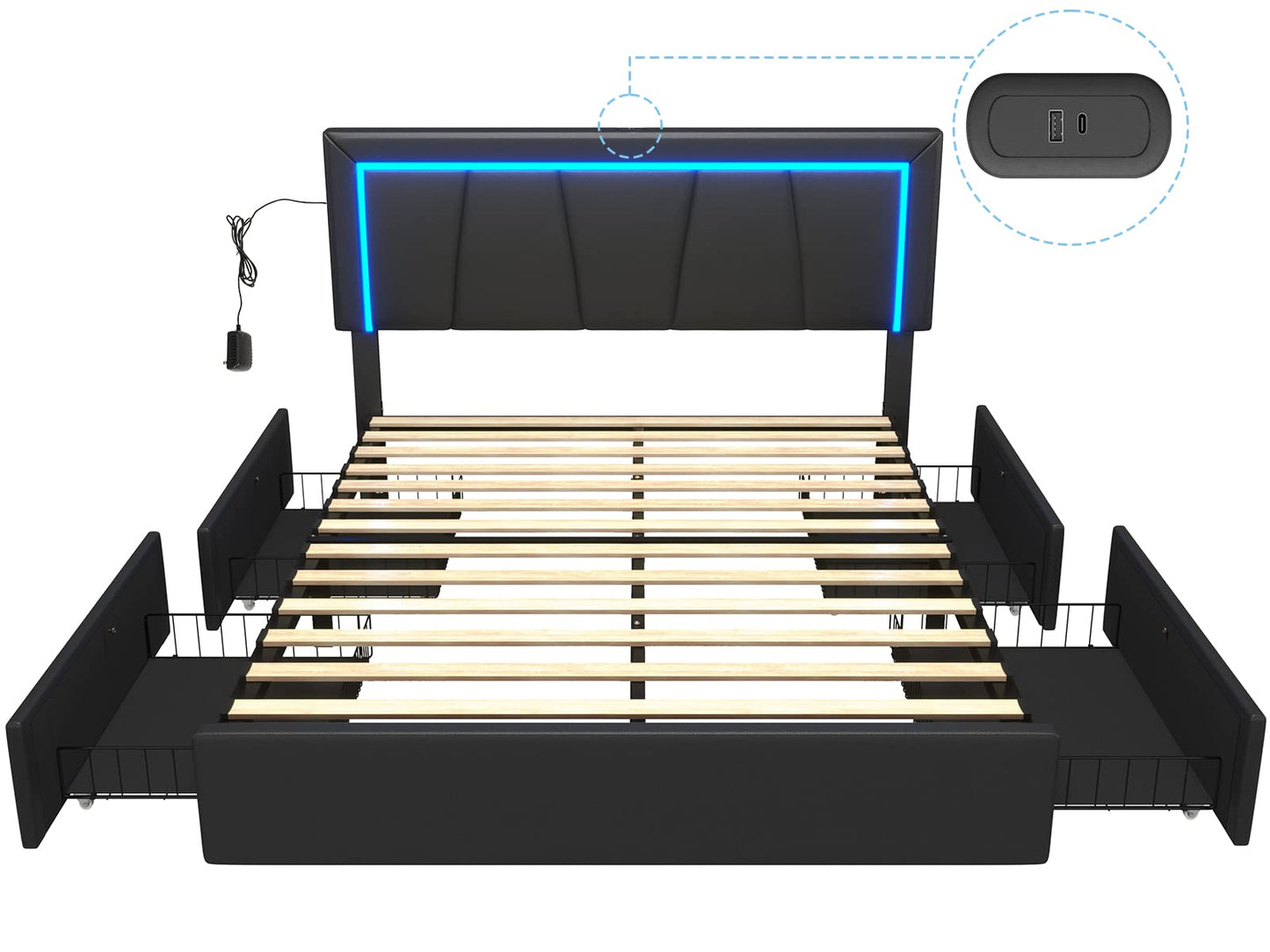 DICTAC Modern Black Faux Leather Queen LED Bed Frame with 4 Storage Drawers and USB Ports - WoodArtSupply