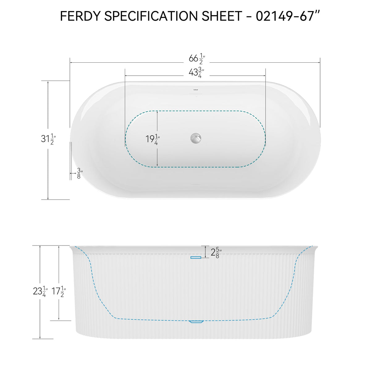 FerdY Nami 67" Acrylic Freestanding Bathtub, V Shape Freestanding Soaking Acrylic Bathtub, Modern White, cUPC Certified, Chrome Drain and Classic FerdY
