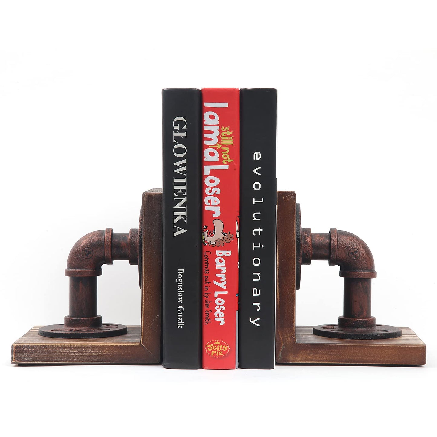 HOEMLIM Book Ends Wood Tabletop Bookends Rustic Industrial Decor, Heavy Duty Bookend Support for Books and Movies 1 Pair(Red Bronze)