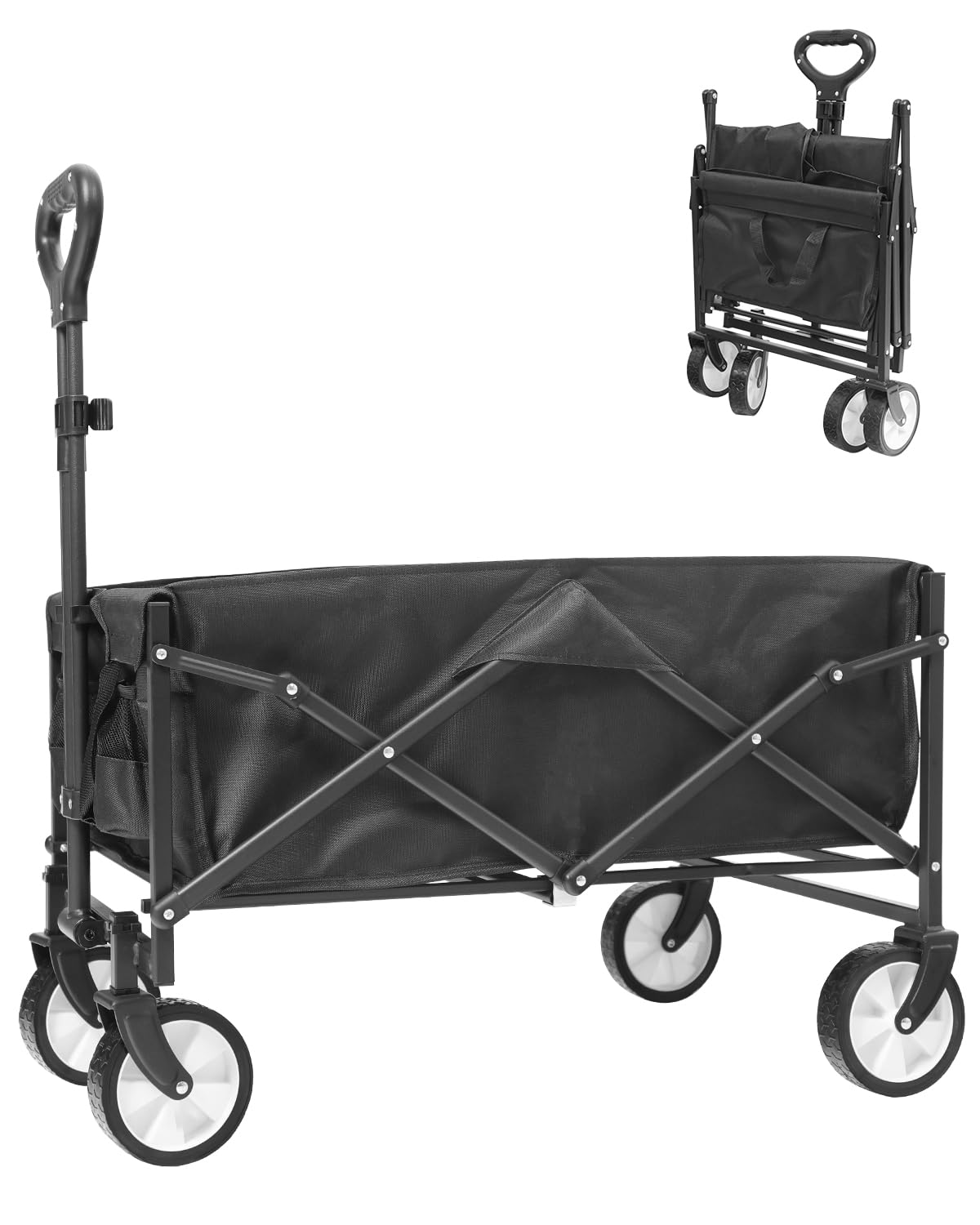 Collapsible Folding Outdoor Utility Wagon, Beach Wagon Cart with All Terrain Wheels & Drink Holders, Portable Sports Wagon for Camping, Shopping, Garden and Beach (Black/1 Year Warrant)