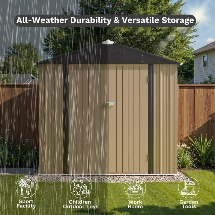 Greesum 8×6FT Outdoor Storage Shed, Metal Patio Storaged Sheds with Lockable Doors, Sheds & Outdoor Storage for Bike, Backyard, Pool and Garden, Brown Greesum