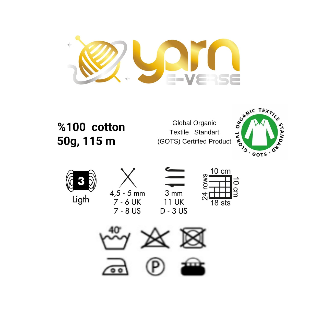 Babysoft Cotton Yarn, Yarn E-verse, 100% Organic Cotton, Soft & Hypoallergenic, Ideal for Baby Knitting, Crocheting, Amigurumi & DIY Projects, Organic Textile Certified, 50g (1, 115 White) yarn e-verse
