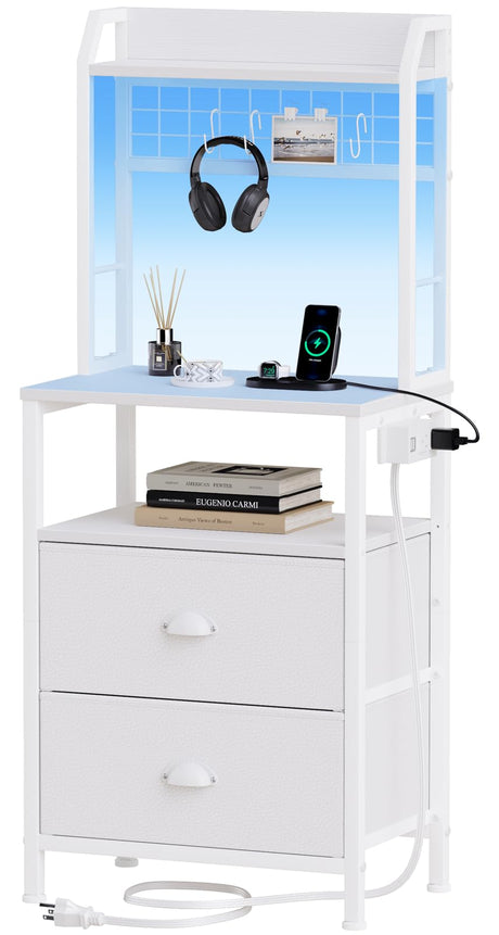 Furologee Tall Nightstand with Charging Station & LED Lights, 41'' Bedside Table with 2 Drawers & Pegboard, White Night Stand with Hooks & Folders, End Table with Shelves for Bedroom/Living Room Furologee