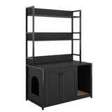 Litter Box Enclosure with 2 Storage Shelves Black Hidden Cat Litter Box Furniture with Scratch Pad, Indoor Cat House Kitty Box Washroom Cat Bookshelf Cabinet Hipicute