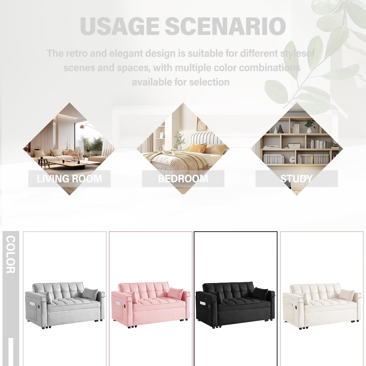 Convertible Sofa Bed,3-in-1 Velvet Sleeper Couch Pull-Out Bed,55'' Loveseat Sleeper Sofa Bed with Adjustable Backrest with 2 Pillows and Storage Bag & USB Port and Hidden Side Computer Table,Gray WIIS' IDEA