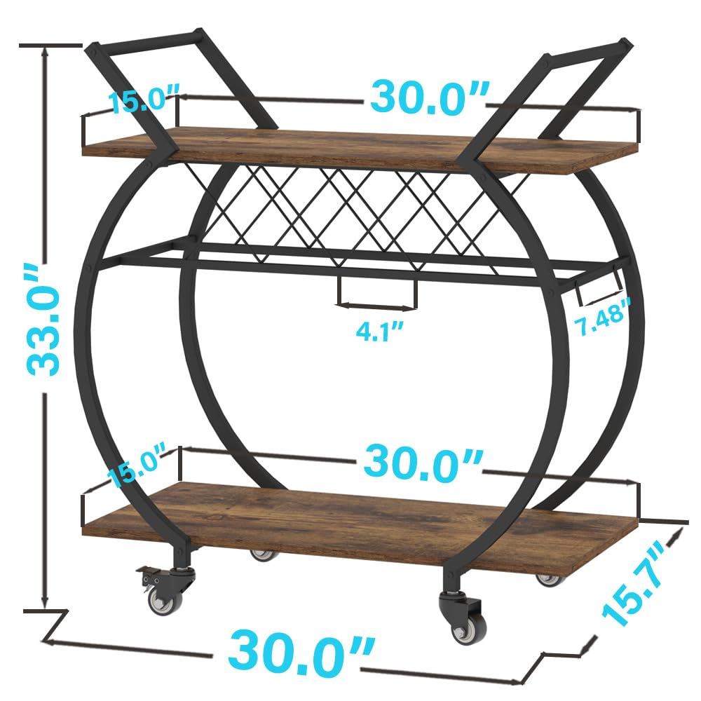 LVB Industrial Kitchen Bar Cart, Farmhouse Beverage Serving Liquor Cart with Wheels, Wood and Metal Rolling Wine Cart with Storage Shelf, Microwave Drink Cart for Home Living Dining Room, Rustic Brown