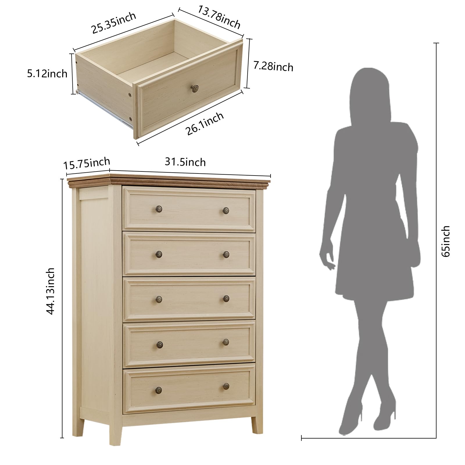 BOSHIRO Dresser for Bedroom, Beige Dresser, Farmhouse 5 Drawer Dresser,5 Chest of Drawers for Study Room, Closet Storage Cabinets with 5 Drawers for Dressing Room, Filing Cabinets for Offices - WoodArtSupply