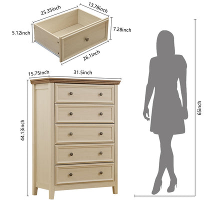 BOSHIRO Dresser for Bedroom, Beige Dresser, Farmhouse 5 Drawer Dresser,5 Chest of Drawers for Study Room, Closet Storage Cabinets with 5 Drawers for Dressing Room, Filing Cabinets for Offices - WoodArtSupply