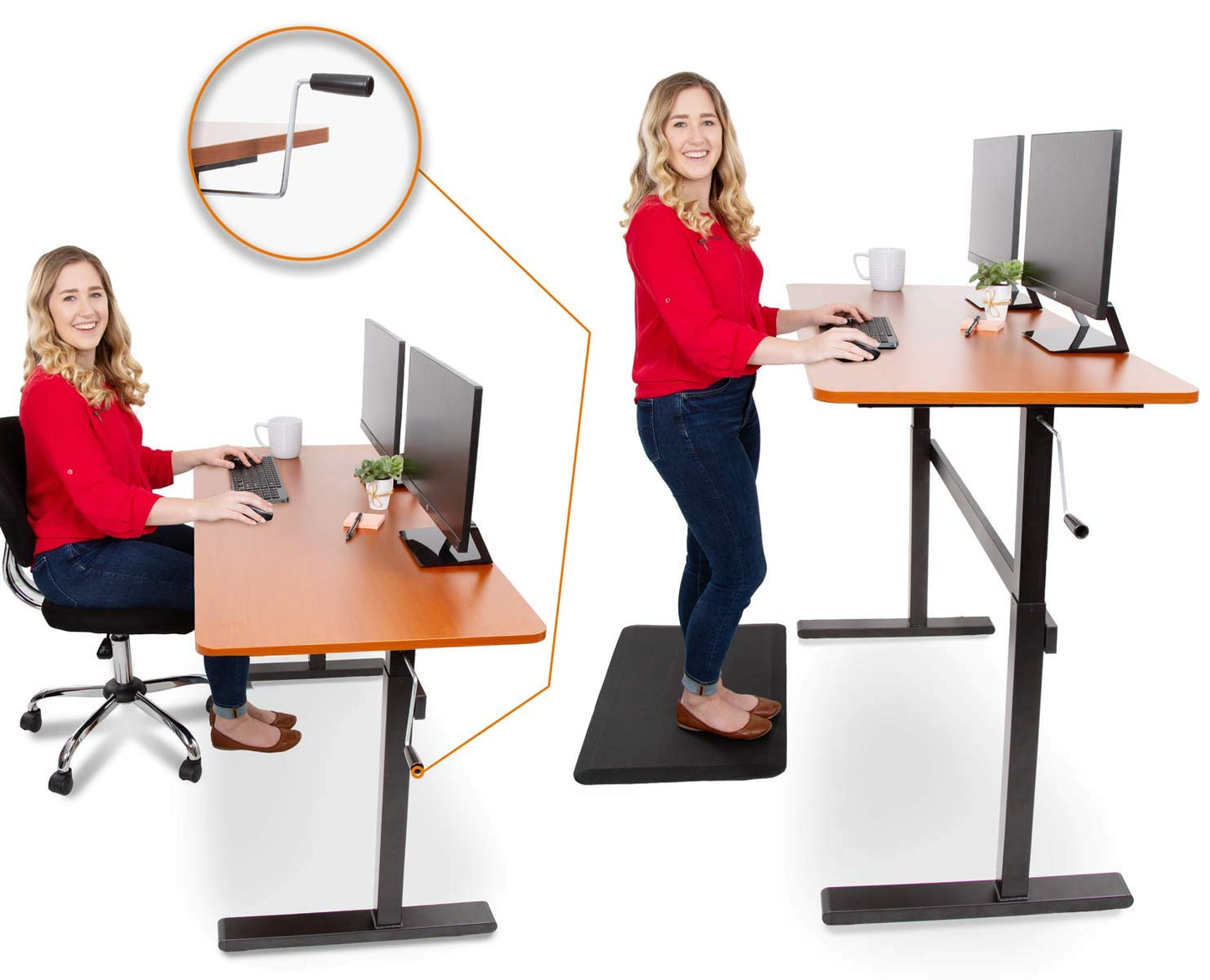 Stand Steady Tranzendesk | 55 Inch Standing Desk with Detachable Wheels | Crank Height Adjustable Sit to Stand Workstation | Modern Ergonomic Desk Supports 3 Monitors  (Cherry)