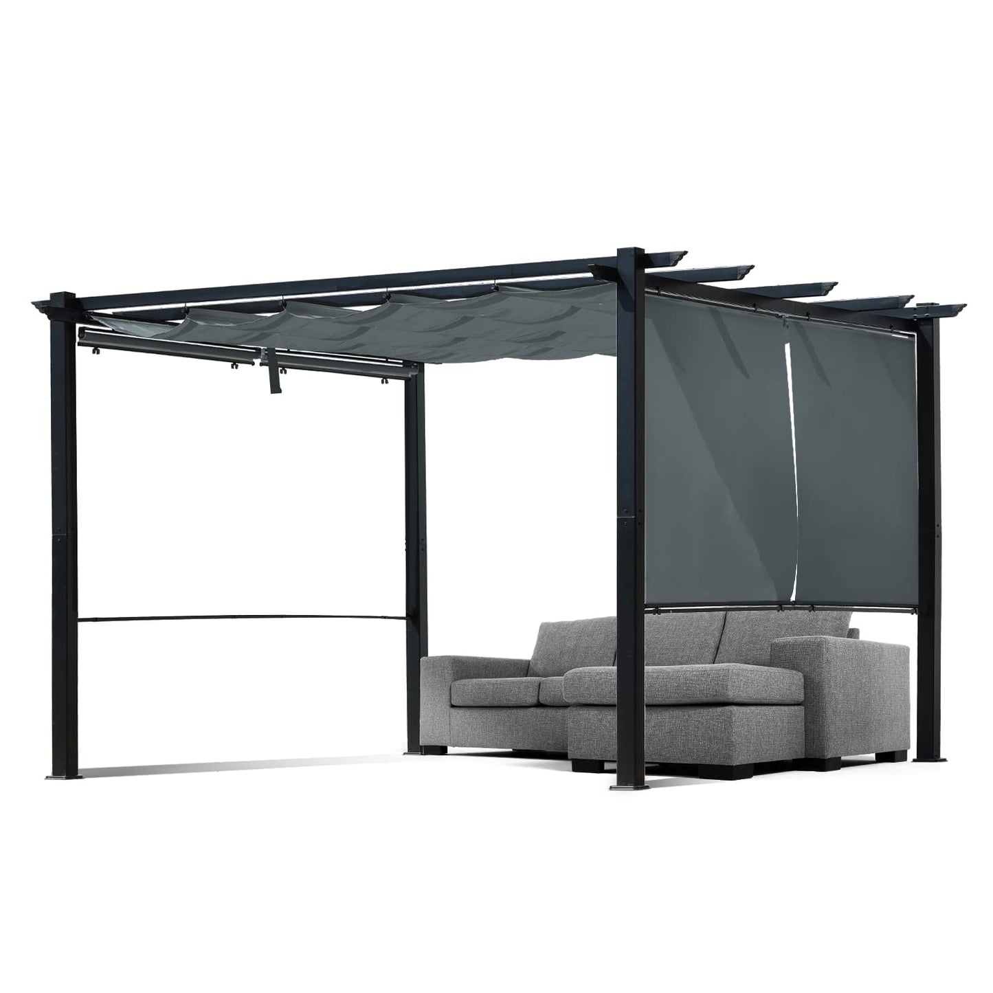 Aoodor 13 x 10 FT Outdoor Pergola with Retractable Shade Canopy, Dark Gray Matte Aluminum Frame, 4 Pieces Roller Shade Curtain, Grape Trellis Pergola for Patio Backyard and Deck - Dark Gray