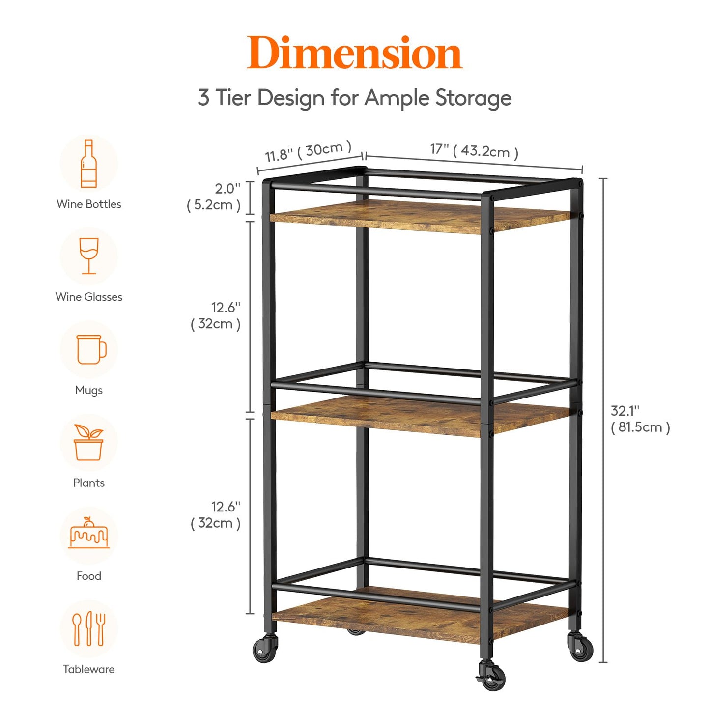 Lifewit Bar Cart for The Home, 3 Tier Small Rolling Wine Cart, Drink Serving Cart with Lockable Wheels, Mini Liquor Utility Cart for Kitchen Dining Living Room, 17" x 11.8" x 32.1", Rustic Br - WoodArtSupply