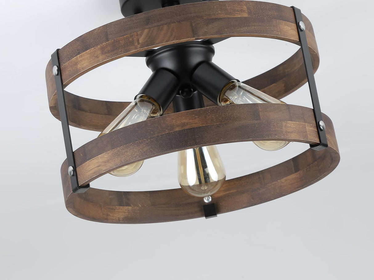 3-Light Rustic Farmhouse Wood Flush Mount Ceiling Light Fixture Oak Wood Round Drum Semi Flush Mount Ceiling Light for Hallway Hall Entry Bedroom Farmhouse Indoor, Black RKUCSR