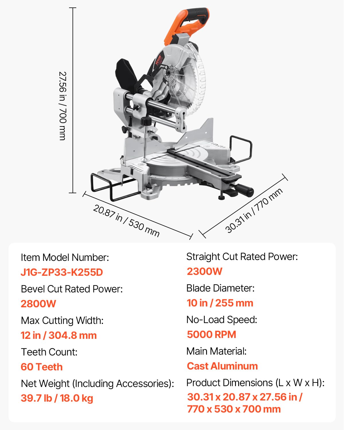 VEVOR Sliding Compound Miter Saw, 10-Inch Blade, 15 Amp Motor, 60-Tooth, Corded Double Bevel Sliding Miter Saw, LED Precision Alignment, Angle Adjustable, for Wood, Composite Decking, Laminates VEVOR
