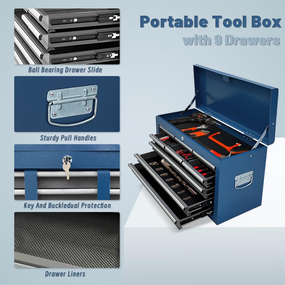 Rolling Tool Chest, 13-Drawer Rolling Tool Storage Cabinet with Detachable Top Tool Box, Universal Lockable Wheels, Locking Mechanism, Metal Tool Cart for Garage Workshop (Blue&Grey) - WoodArtSupply