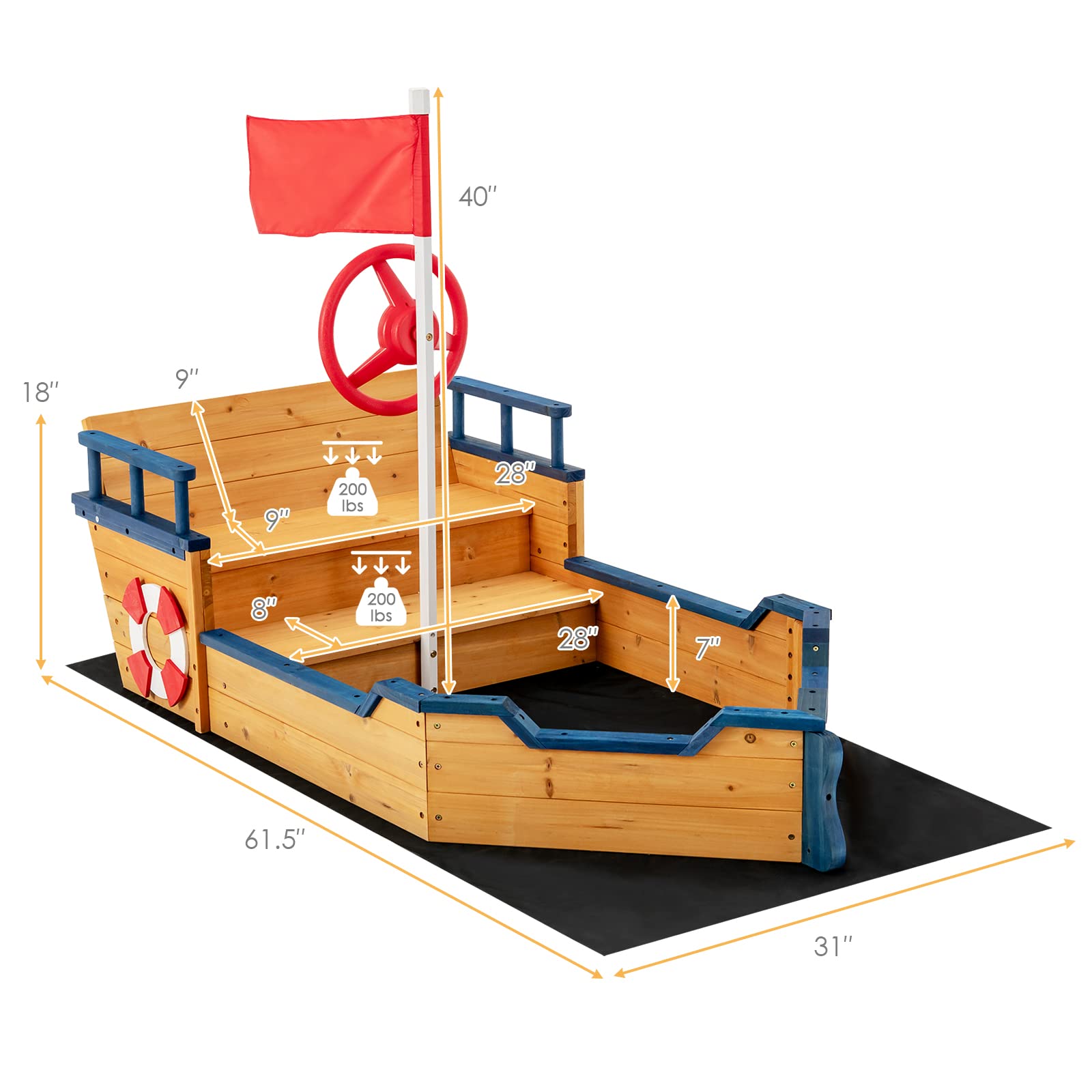 Costzon Pirate Boat Wood Sandbox for Kids, Wooden Pirate Sandpit w/Bench Seat, Storage Space, Ground Liner, Realistic Flag Rudder Buoy, Children Outdoor Playset for Backyard, Home, Lawn, Gard - WoodArtSupply