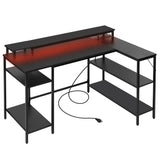 Panana L Shaped Gaming Desk with LED Lights & Power Outlets, Reversible Computer Desk with Stand & Shelves, Corner Desk Home Office Desk with USB Charging Port (Black) Panana