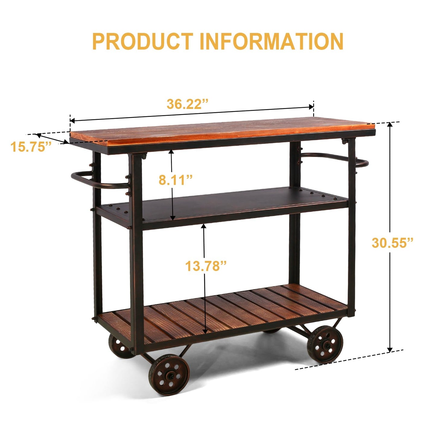 Industrial Bar Cart, Serving Cart with Wheels and Handle, 3-Tier Beverage Metal Cart with Removable Tray and Storage Shelves for Living Room Kitchen, Rustic Copper