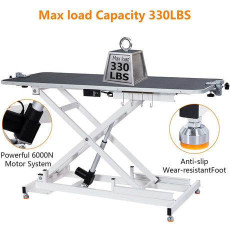 48" Electric Dog Grooming Table - Spacious & Sturdy Design, Functional Features, & Reliable - Adjustable Height, Wireless Remote, 330Lb Capacity - Anti-Slip Wheels, White MERXENG