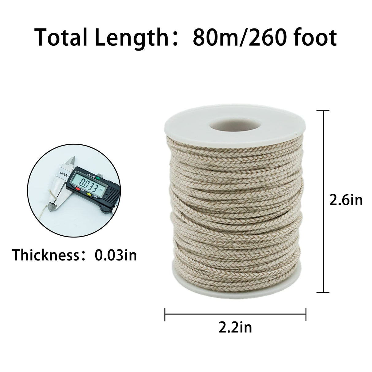 260 Foot Candle Wick, 24 PLY Braided Candle Wick Spool, Cotton & Paper Interwoven Core, Candle Wicks for Candle Making, Candle Wick Roll for DIY Candle Craft Making TOKAYIFE