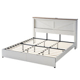 AMERLIFE King 47.2" H Bed Frame with Hidden Space Bookcase Headboard and Charging Station, Beds with 2 Storage Drawers and Wood Slats, No Box Spring Needed, White & Barnwood AMERLIFE