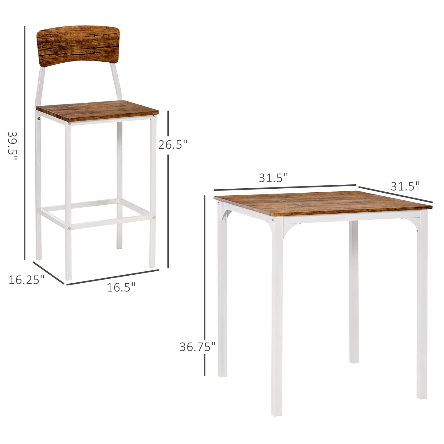 HOMCOM 3-Piece Industrial Counter Height Bar Table Set with Stools in Walnut and White