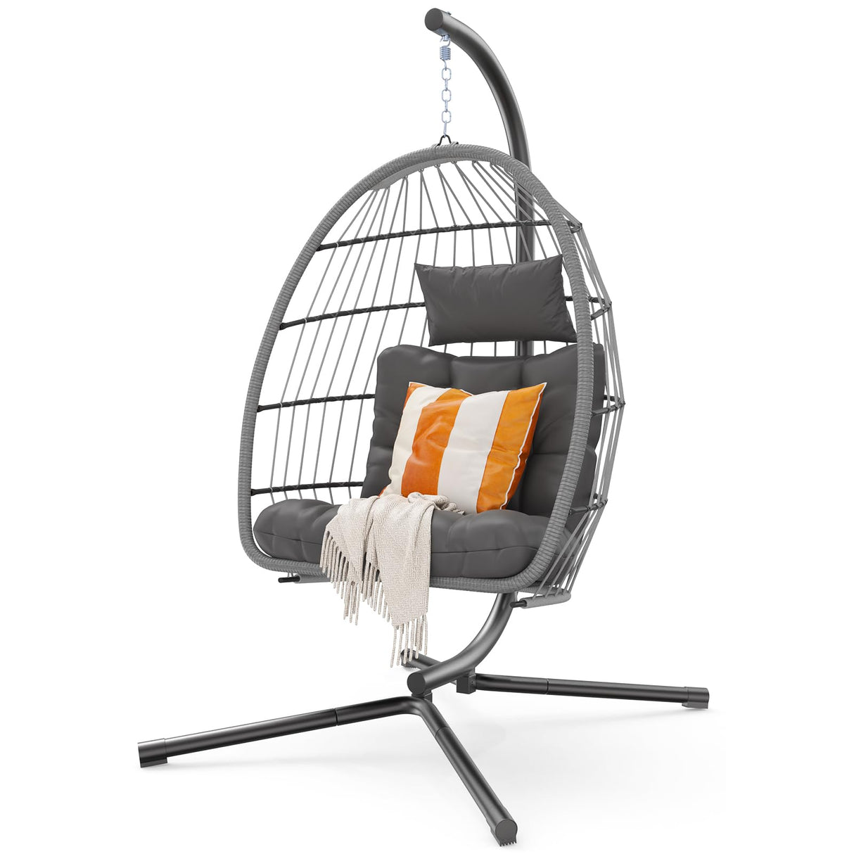 Garvee Egg Chair with Stand,Patio Rattan Wicker Hanging Swing Egg Chair Hammock Chair for Bedroom Porch Garden,Thickened Aluminum Alloy Steel Frame and UV Resistant Cushion,350LBS Capacity Garvee