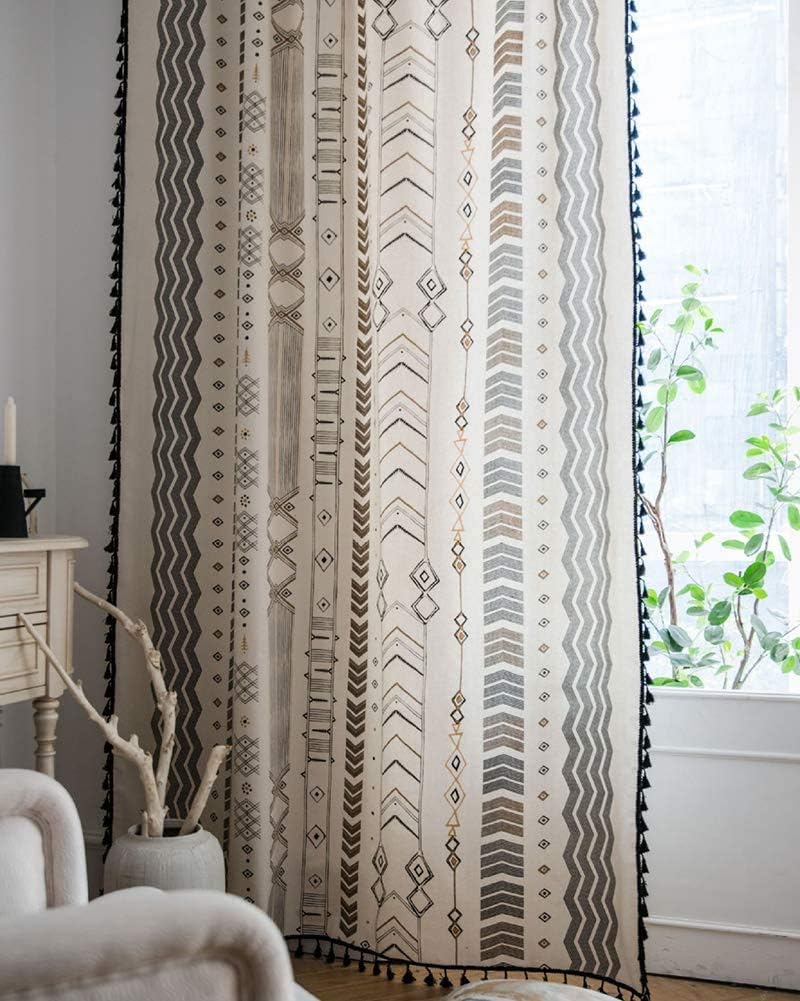 ColorBird Boho Curtains 108 Inches 2 Panels Semi-Blackout Black and White Curtains Cotton Linen Darkening Curtains with Black Tassel Rod Pocket Drapes for Living Bedroom, 59W x 108L Inch, 1 Pair ColorBird