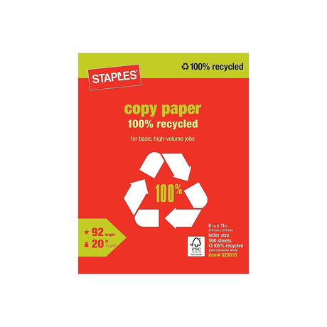 Staples 100% Recycled Copy Fax Laser Inkjet Printer Paper, Bright White, 500 Sheets STAPLES