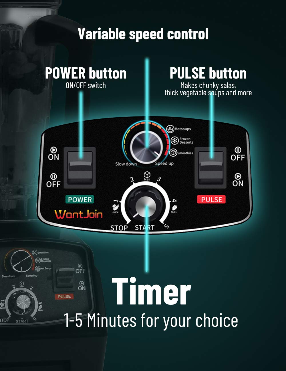 WantJoin Professional Blender, Countertop Blender,Blender for kitchen Max 1800W High Power Home and Commercial Blender with Timer, Smoothie Maker 2200ml for Crushing Ice, Frozen Dessert, Soup,fish WantJoin