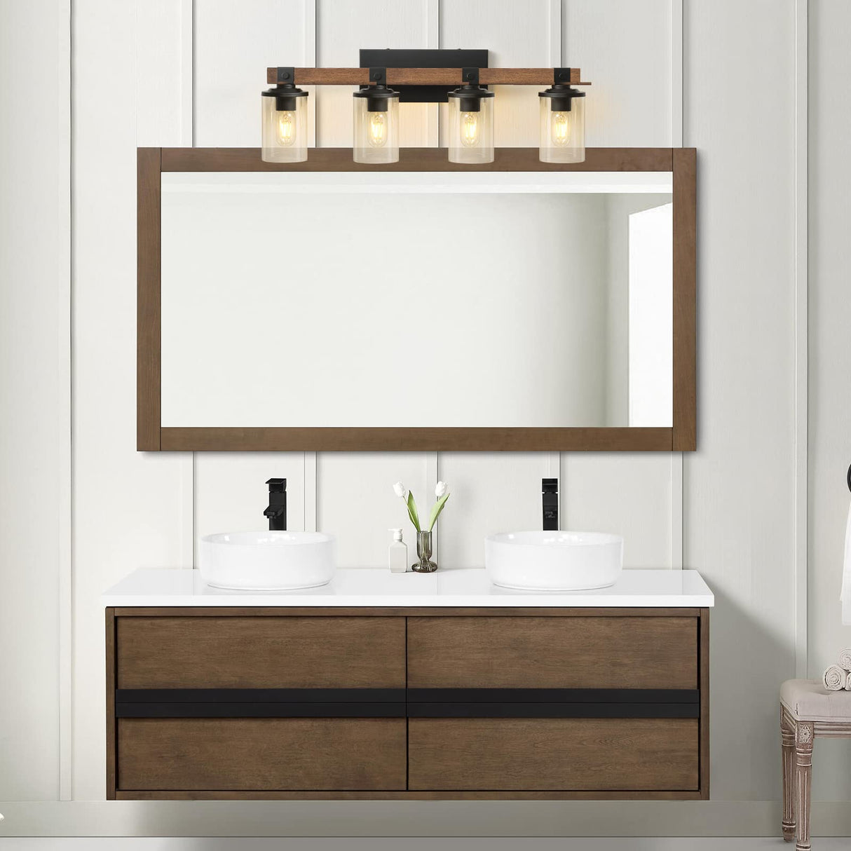 Bathroom Vanity Light Fixtures 4 Lights, Wooden Farmhouse Vanity Lights Rustic Bathroom Lights Over Mirror with Clear Glass Shade Black Industrial Wall Sconce for Bathroom Bedroom Hallway Kitchen GoYeel