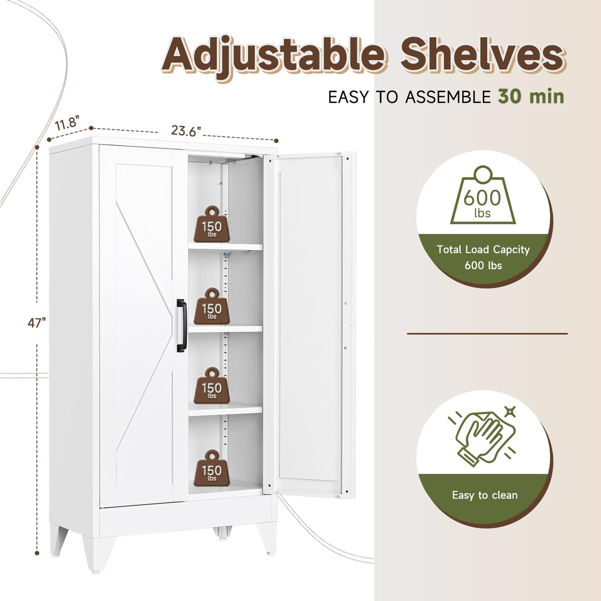 Letaya Storage Cabinet,47" H Metal Kitchen Pantry Cabinets with Doors and Adjustable Shelves,Pantry Organizers for for Cupboard/Dining/Bathroom/Office/Garage Room,White Letaya