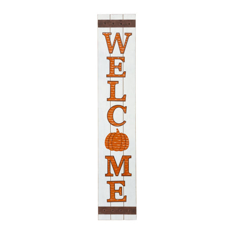 Glitzhome Wooden Porch Sign with Metal Welcome Letters Pumpkin Decor for Porch Front Door, Rustic Farmhouse Style Hanging Welcome Outdoor Sign for Fall Harvest Thanksgiving 42”H, White Glitzhome