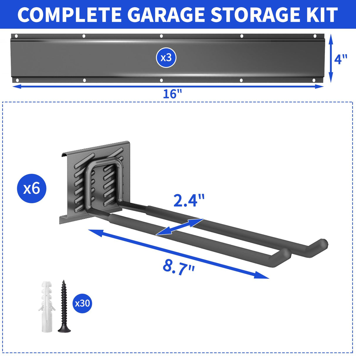 CRXCRC Garage Tool Organizer Wall Mount, 48inch Heavy Duty Garden Tool organizer Storage System, Easy Install With 6 Adjustable Straight Hooks, For Garage, Basement, Shed, Workshop(Black) CRXCRC