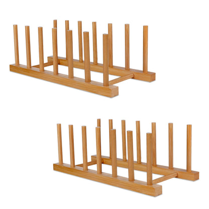 SAMEBUTECO Bamboo Wooden Plate Racks Dish Stand Holder Vertical Drainer Kitchen Cabinet Organizer for Dish, Pots, Lids, Bowls, Cups, and Cutting Boards and Books(2 Packs) - WoodArtSupply