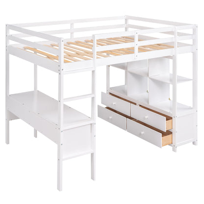 Harper & Bright Designs White Full Loft Bed with Desk and Storage Cabinet, Wood Full Size Loft Beds Frame with Bookcase and Shelves, Modern Full Loft Bed for Kids Teens Adults Boys Girls