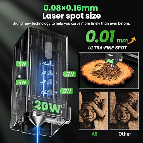 DAJA A8 20W Diode Desktop Laser Engraver Machine with Air Assist Smart 16MP Cameras, 600mm/s Speed Beginner-friendly Class 1 Safety Laser Engraver for Wood and Metal, Acrylic, DAJA