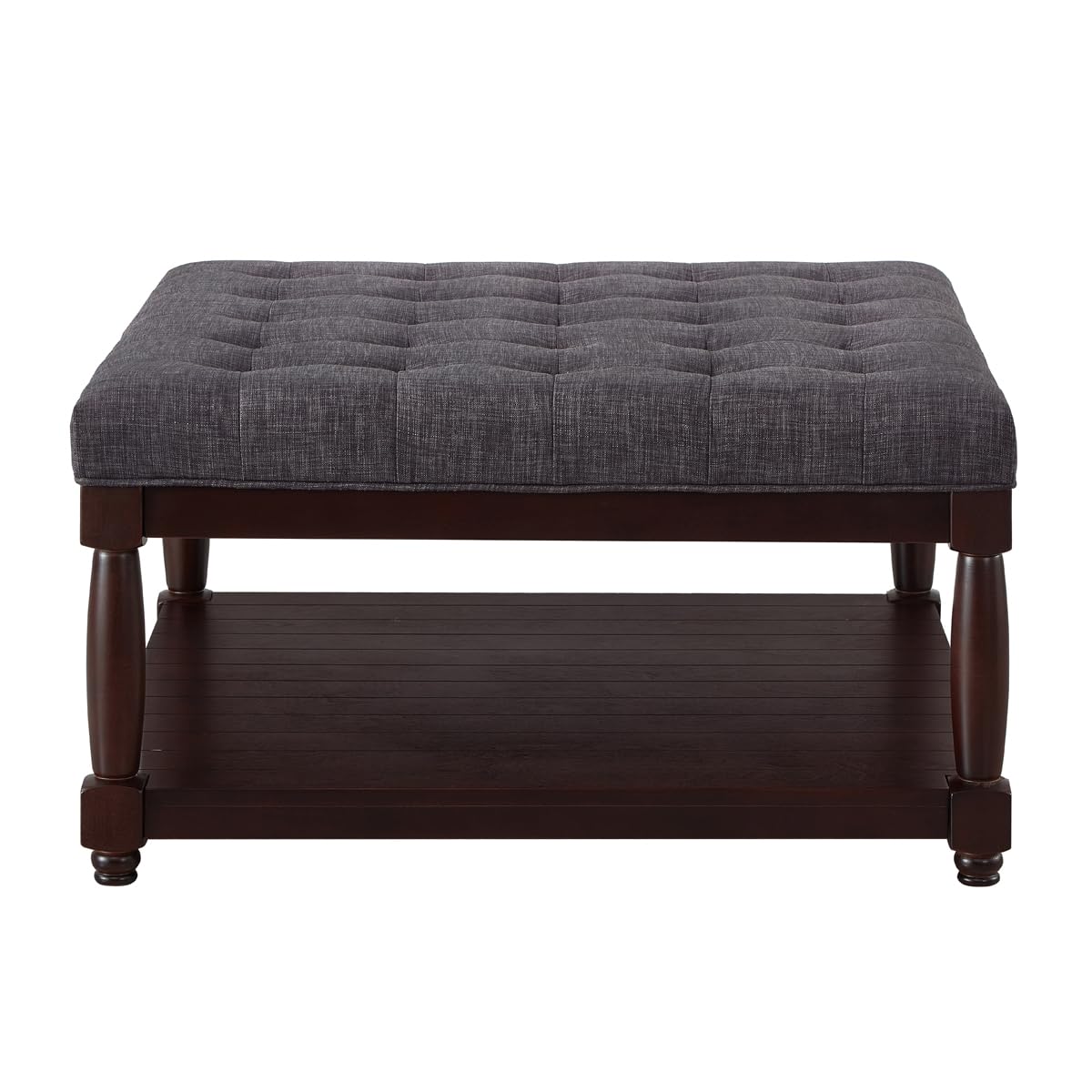 24KF Upholstered Square Coffee Table with Wooden Shelf, Tufted Button Large Square Ottoman with Spindle Wooden Legs, Linen Large Footrest Ottoman Pouf for Living Room, Dark Gray 24KF