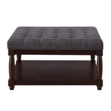 24KF Upholstered Square Coffee Table with Wooden Shelf, Tufted Button Large Square Ottoman with Spindle Wooden Legs, Linen Large Footrest Ottoman Pouf for Living Room, Dark Gray 24KF