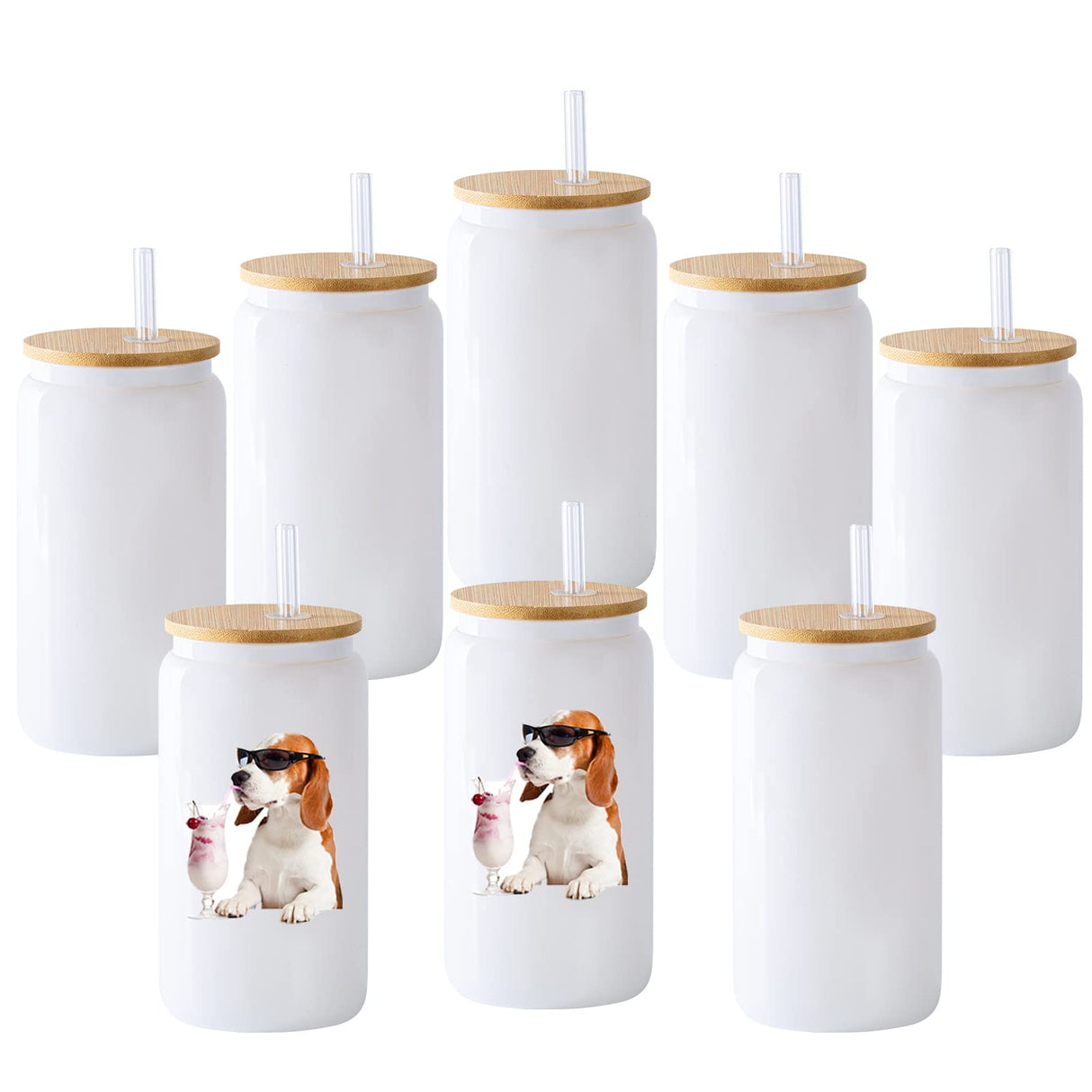 YOUKE OLA 8 Pack Sublimation Blank White Glass Cans Sublimation Beer Glass Cups with Bamboo Lids Borosilicate Glasses Tumbler Mason Jar Cups Mug with Glass Straw for Beer, Juice, Drinks 16oz White YOUKE OLA
