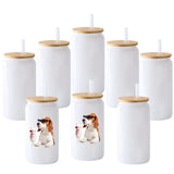 YOUKE OLA 8 Pack Sublimation Blank White Glass Cans Sublimation Beer Glass Cups with Bamboo Lids Borosilicate Glasses Tumbler Mason Jar Cups Mug with Glass Straw for Beer, Juice, Drinks 16oz White YOUKE OLA