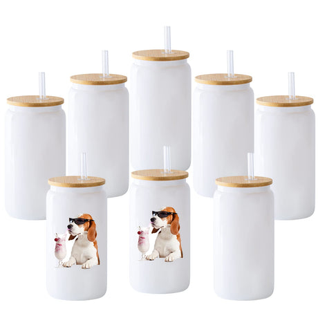YOUKE OLA 8 Pack Sublimation Blank White Glass Cans Sublimation Beer Glass Cups with Bamboo Lids Borosilicate Glasses Tumbler Mason Jar Cups Mug with Glass Straw for Beer, Juice, Drinks 16oz White YOUKE OLA