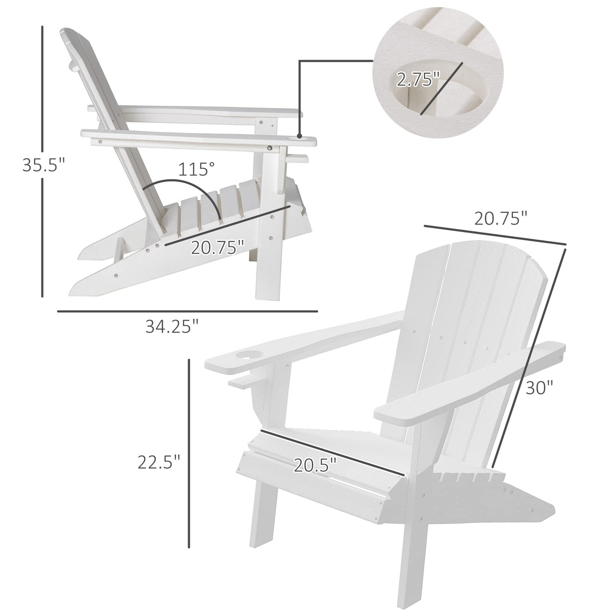 Outsunny Adirondack Chair with Cup Holder, All Weather Patio Chair HDPE Lounger, Fire Pit Seating High Back and Wide Seat for Outdoor, Backyard, Garden, Deck, Lawn, White Outsunny