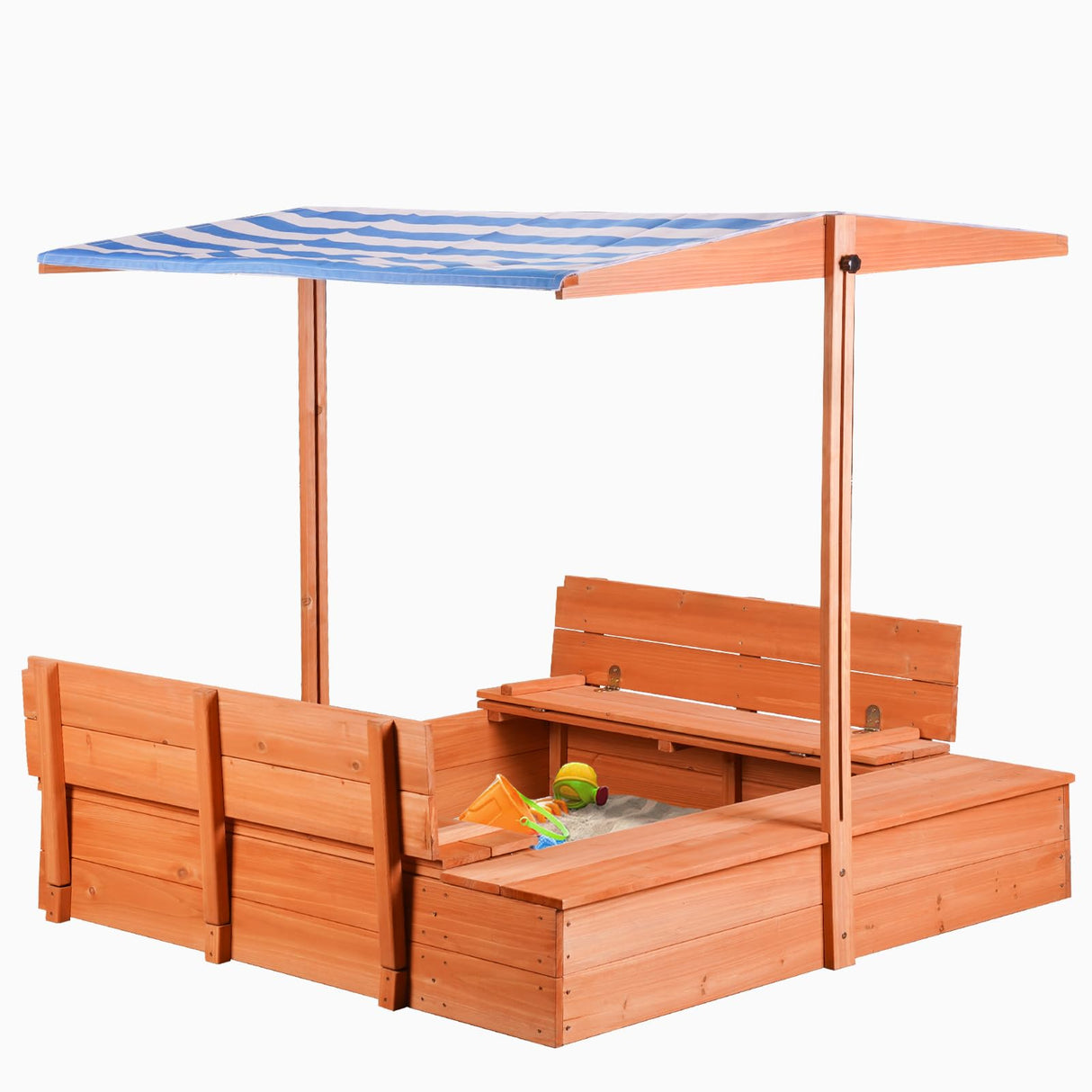 Kids Wooden Outdoor Sandbox with Cover，Sand Boxes with Canopy and Foldable Storage Bench Seats, Sand Table with Protection Bottom Liner,Kids Play Equipment for Outdoor(47X47Inch Agitree