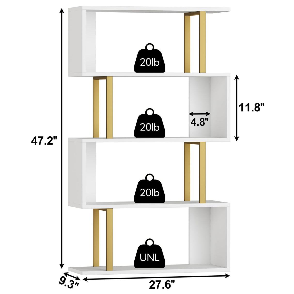 Yusong Geometric Bookcase, S Shaped Bookshelf 4-Tier Book Shelves for Bedroom, Modern Wood Decorative Display Shelf Tall Book Case for Home Office, Gold and White Yusong