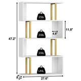 Yusong Geometric Bookcase, S Shaped Bookshelf 4-Tier Book Shelves for Bedroom, Modern Wood Decorative Display Shelf Tall Book Case for Home Office, Gold and White Yusong