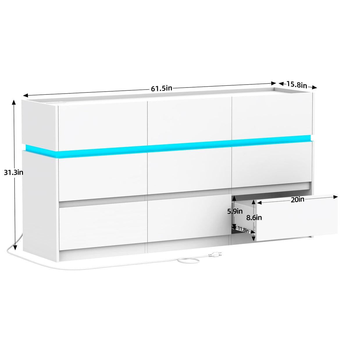 OTUTUMUS White Dresser of 9 Drawers - 61” Wide Chest of Drawer Organizer, Modern TV Stand Storage Cabinets with Large Wood Drawers for Bedroom, Living Room, Entryway, Hallway OTUTUMUS