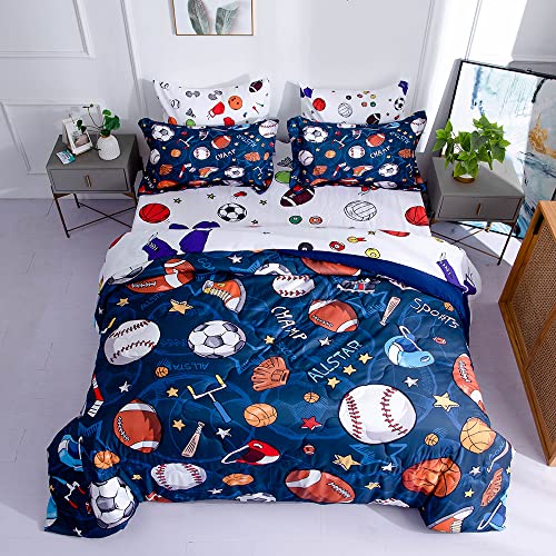 Wajade Sports Comforter Set - 7 Piece Queen Bedding with 3D Soccer, Basketball, Baseball, Football Design for Kids Wajade