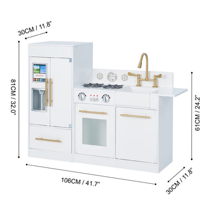 Teamson Kids Little Chef Charlotte Modern Modular Interactive Wooden Play Kitchen with Refrigerator, Stove and Sink in White with Gold Finishes - WoodArtSupply