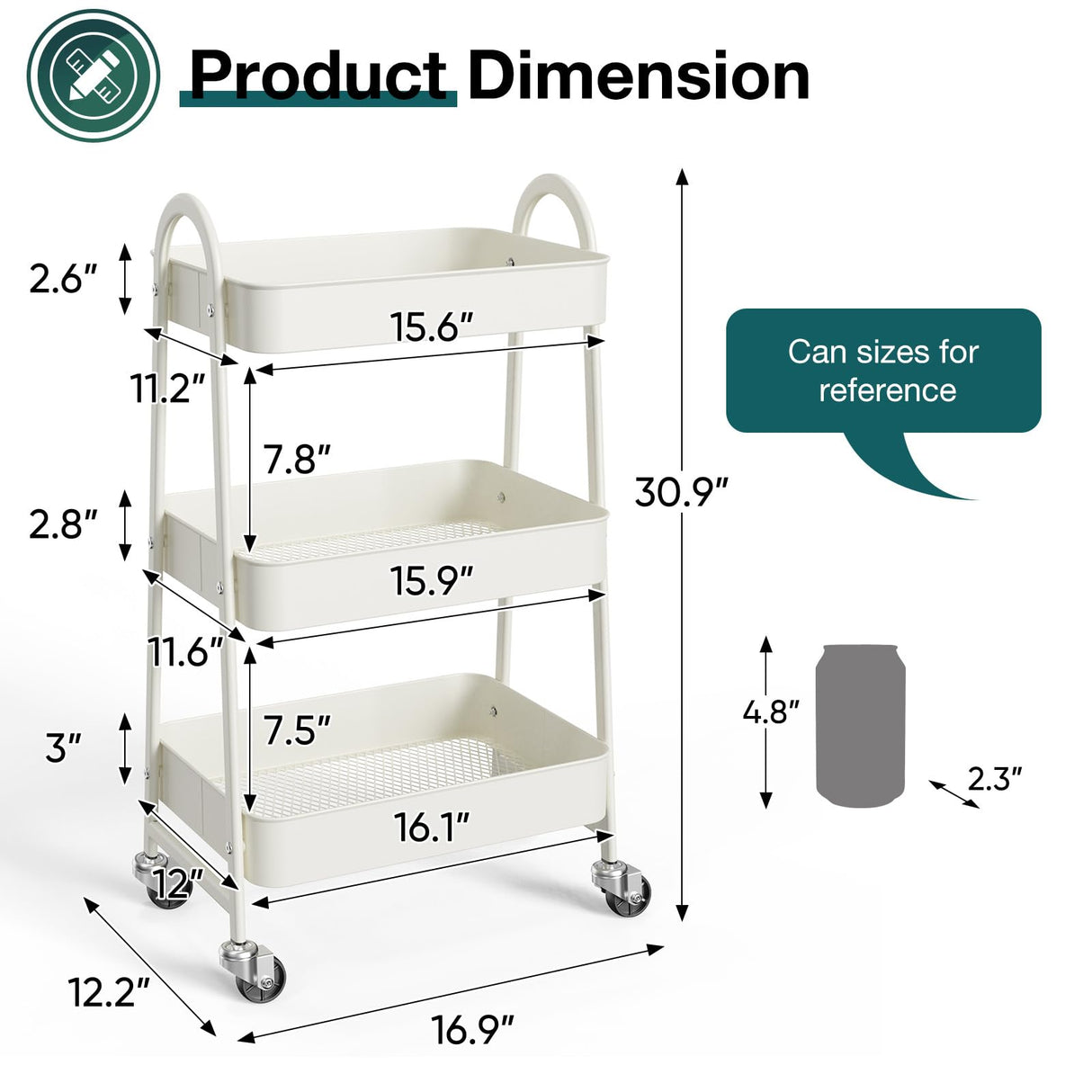 SMUG 3 Tier Rolling Cart - Metal Utility Carts on Lockable Caster Wheels, Mobile Storage Shelves Organizer for Livingroom, Bathroom, Kitchen, Bedroom & Narrow Places, White SMUG